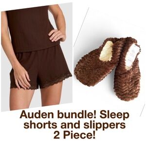 NWT Auden Brown Sleep Shorts and Slippers Set Size L shorts. M/L slippers (8-10)